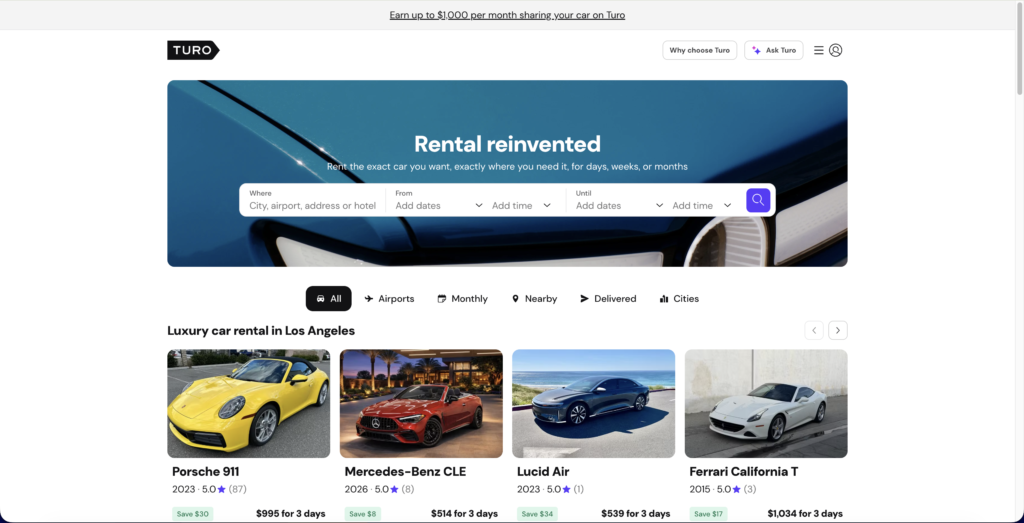 A screenshot of the Turo car sharing website