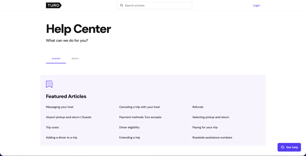 A screenshot of the support page from Turo
