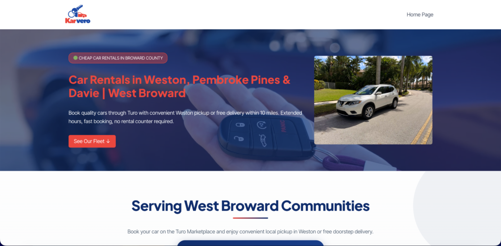 A screenshot of the homepage of Karvero.com